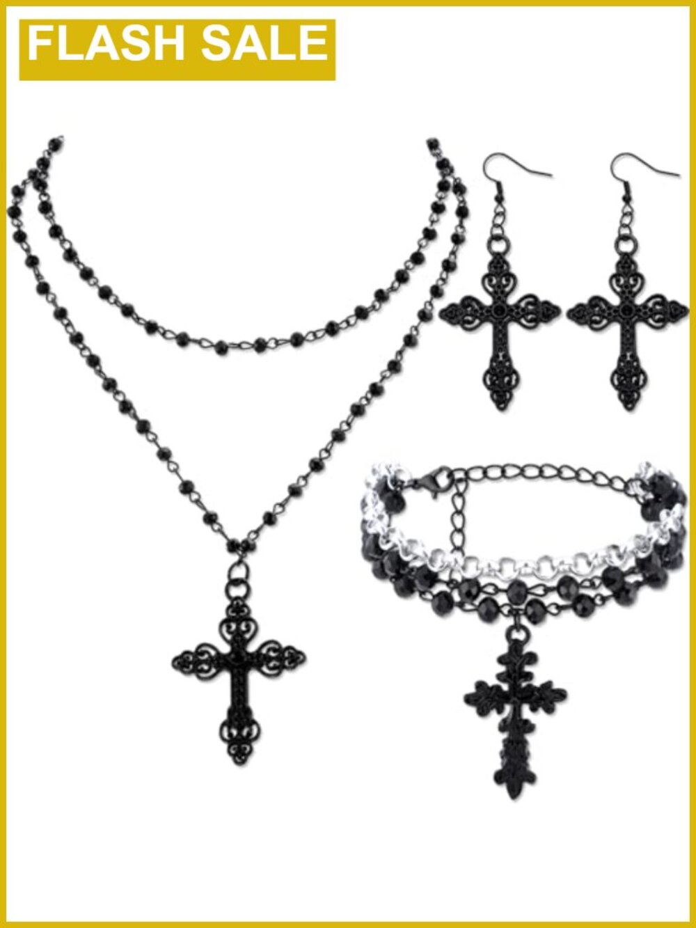 Gothic Jewelry Set Layered Cross Necklace Bracelet Earrings Alloy Faux Pearl